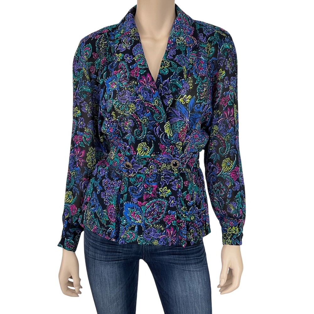 Leslie Fay Blouse Women Size 6 Petite‎ Multicolor Print Floral Wrap Top VTG